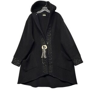 Linda Lundstrom Women's Hooded Coat Boho Embroidered Black Oversized 14‎